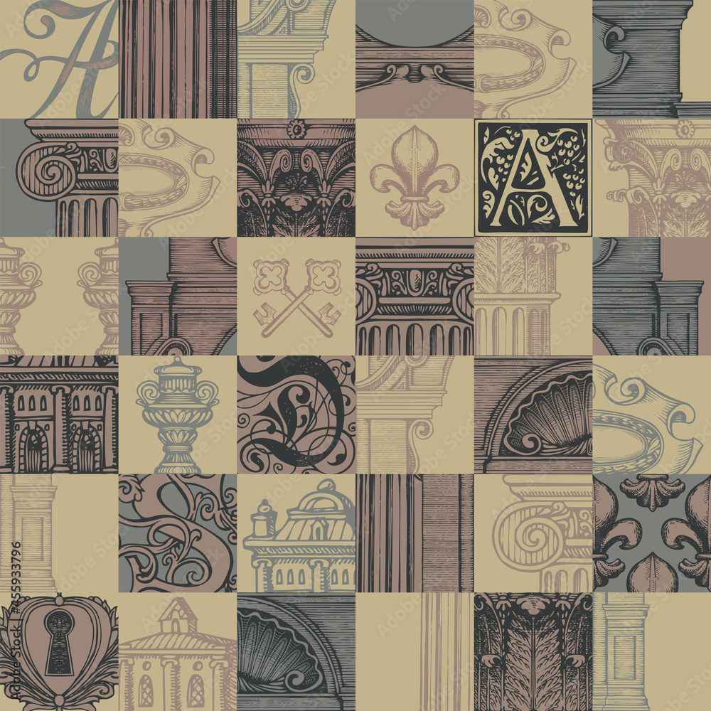Poster abstract seamless pattern on theme of ancient architecture and art. hand-drawn vector background in 
