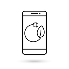 Mobile phone flat design icon with electric plug and leaf sign.