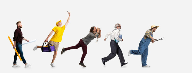 Collage of running men, professor, farmer, delivery man, cameraman and architector isolated on white studio background. Horizontal flyer, collage