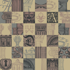 Abstract seamless pattern on theme of ancient architecture and art. Hand-drawn vector background in vintage style with square fragments in a staggered order. Wallpaper, wrapping paper or fabric design