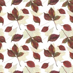 Autumn leaves in watercolor style. A beautiful seamless pattern with various autumn leaves Can be used as a background template for wallpaper, printing on fabrics, typography, paper.