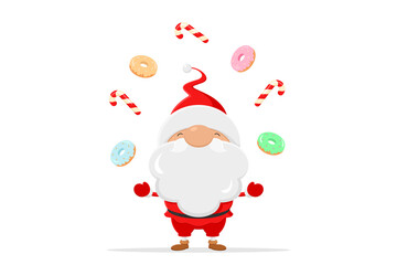 Santa juggles with sweets. Vector illustration.