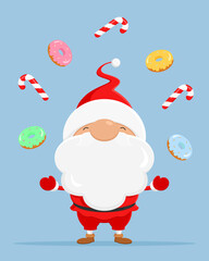 Santa juggles with candy canes and donuts. Vector illustration.