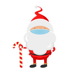 Santa in mask stands with candy cane. Vector illustration.