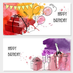 Happy birthday cards. Watercolor vector background.