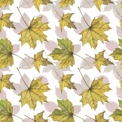 Autumn leaves in watercolor style. A beautiful seamless pattern with various autumn leaves Can be used as a background template for wallpaper, printing on fabrics, typography, paper.