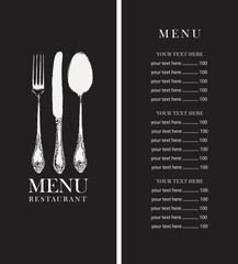 Vector menu design for a restaurant with fine cuisine. Black and white template of a restaurant menu with a price list and a cover decorated with an antique beautiful cutlery on a black background - obrazy, fototapety, plakaty