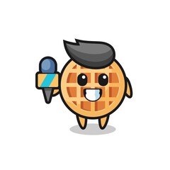 Character mascot of circle waffle as a news reporter