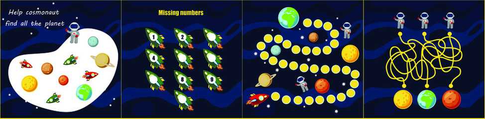 Kids mini games for development. Space maze. I spy. Count the planet. Colorful vector illustration in flat style.