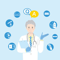 ワクチンについて説明する男性医師と医療のアイコン