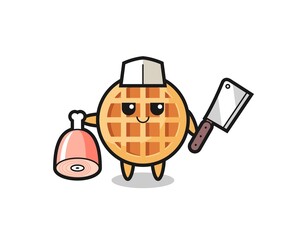 Illustration of circle waffle character as a butcher