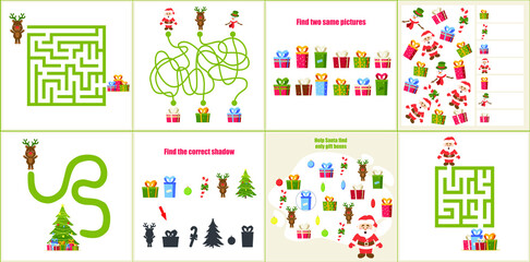 Christmas maze. I spy. Kids mini game for development.