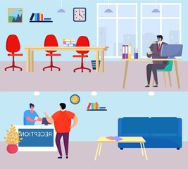 Office business cabinet banner teamwork dialogue colleague, comfortable workplace meeting space flat vector illustration, company work day.