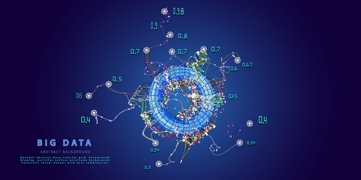 Abstract background with chaotic  lines connecting dots of wireframe torus. Analytics algorithms data. Quantum cryptography concept. Banner for business, science and technology. Big data.