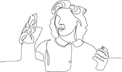 Pinup woman hold soup bottle duster housekeeper in uniform with clean spray duster cleaning