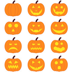 Halloween logo set of pumpkin. Stiсker pack of 4 jack o lanterns. Eps 10 vector halloween logo. Colorful pumpkin icons for your cards, illustrations, projects, invitations. 