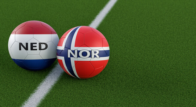 Netherlands vs. Norway Soccer Match - Leather balls in Netherlands and Norway national colors. 3D Rendering