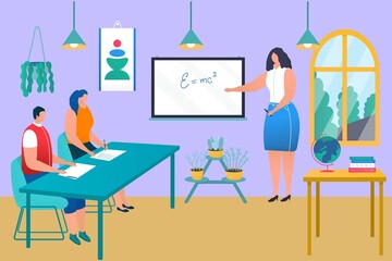 Professional woman teacher character learn process in school, young student obtain knowledge flat vector illustration, physics formula.