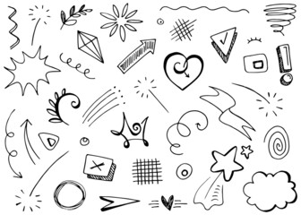 Abstract arrows, ribbons, crowns, hearts, explosions and other elements in hand drawn style for concept design. Doodle illustration. Vector template for decoration