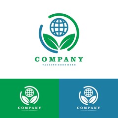 Green leafs and globe logo. Eco, natural, organic icon or symbol set vector icon illustration design