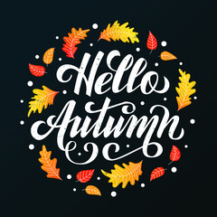 Hello Autumn vector typography illustration for greeting card, invitation, banner, poster, pack, sticker. Autumn design elements, handwritten lettering. EPS 10.