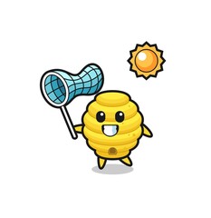 bee hive mascot illustration is catching butterfly