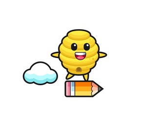 bee hive mascot illustration riding on a giant pencil