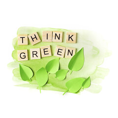 think green. ecology concept. green plant leaves on paper background