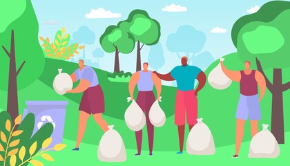 Young people character volunteer together cleanup environmental protection, cleaning outdoor forest tree flat vector illustration.