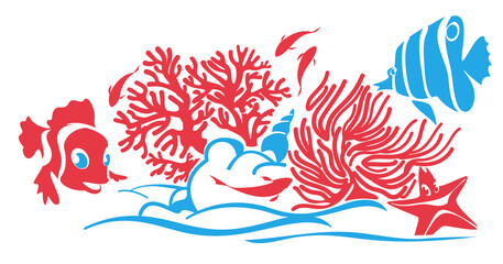 Fototapeta na wymiar Seabed, corals, fish and crabs in the deep sea. Underwater life, seaweeds, kelp and corals. Wall decoration vector set.