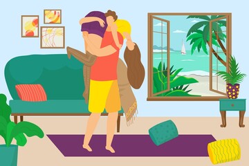 Romantic lovely couple people character together love time, male hand hold female, tropical vacation flat vector illustration.