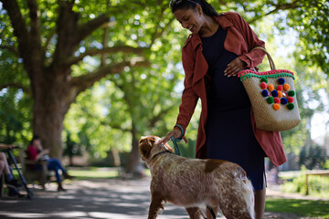 Pregnant woman walking dog in park