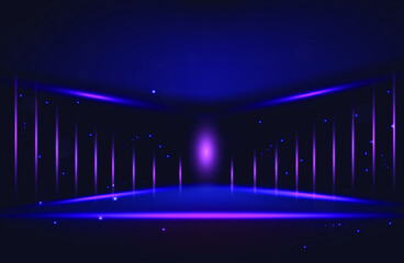 3d technology background. Room with neon lights. Ultraviolet abstract background with neon corridor. Vector