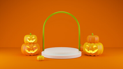 3D Render Halloween Product display stage for presentation. halloween pumpkins on orange background