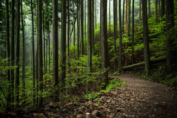 東京・御岳山の霧がかった登山道
【mountain trail lined with japanese cedar trees from Mt. Mitake in Tokyo, Japan】