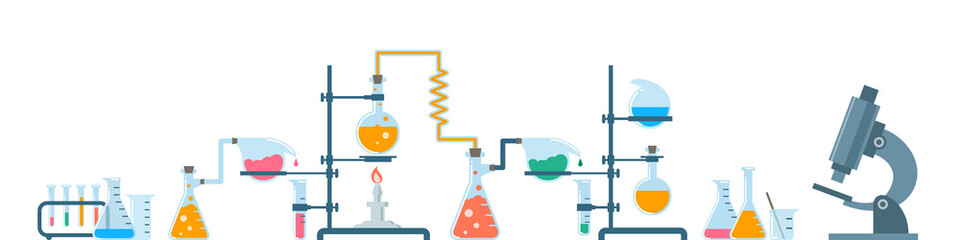 Chemistry equipment. Vector flat illustration. Chemical laboratory instruments and tools. Glass tubes, bottles and flasks with liquid reagents and reactions. Medical research, scientific experiment