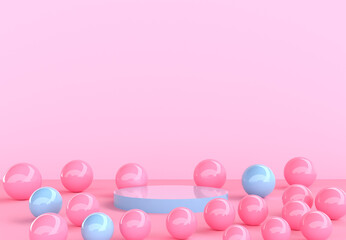 3d render, abstract primitive geometric shapes isolated on pink background. Pink ball and blue podium. . Modern minimal product presentation