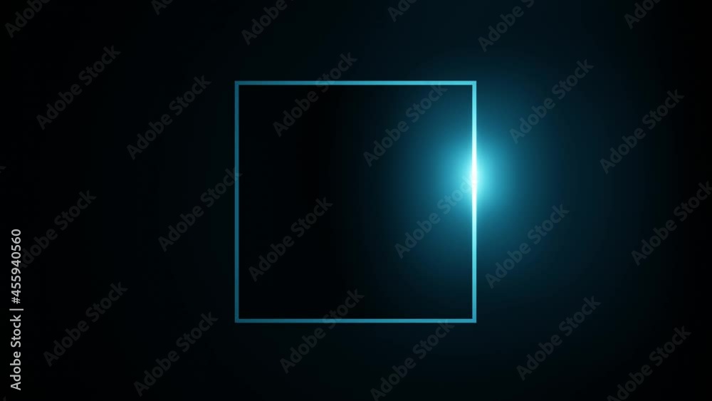 Poster Neon abstract background with blue square and light moving around it. Slow turn. Shiny figure. Abstract footage video. 