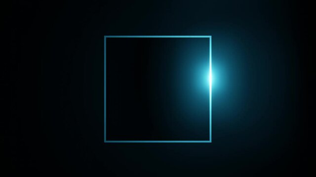 Neon abstract background with blue square and light moving around it. Slow turn. Shiny figure. Abstract footage video. 
