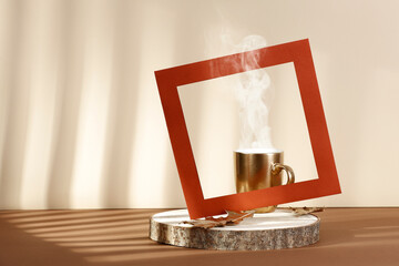 A minimalistic spatial composition against a wall with window shadows on an autumn sunny day 