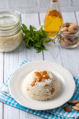 Traditional delicious Turkish food; Almond rice pilaf (Turkish name; Bademli pirinc pilavi)