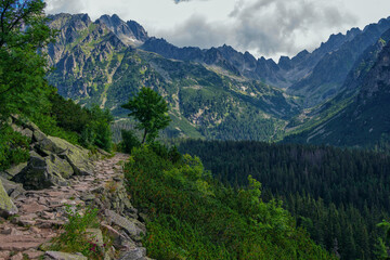 Fototapeta na wymiar Beautiful summer landscape of High Tatras, Slovakia – famous track to Poprad Lake – stone footpath over the cliff, lush forest, mountains and clouds on the sky