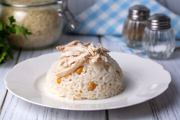 Traditional delicious Turkish food; Rice with chickpeas and chicken (Turkish name; Tavuklu nohutlu pilav or pilaf)