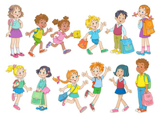 Group of happy multi-cultural children go, run and stand with school bags. In cartoon style. Isolated on white background. Vector illustration