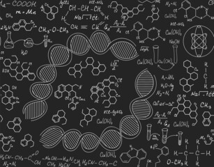 Chemistry vector seamless pattern with plots, formulas and laboratory equipment handwritten with chalk on blackboard	
