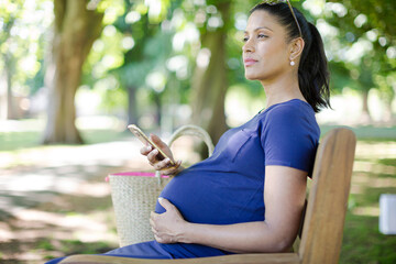 Smiling pregnant woman texting with cell phone on park bench