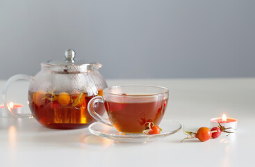 rosehip tea on white table in kitchen