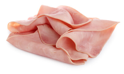 Heap of delicious ham slices isolated on white