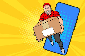 Delivery man employee with a big box out from smartphone