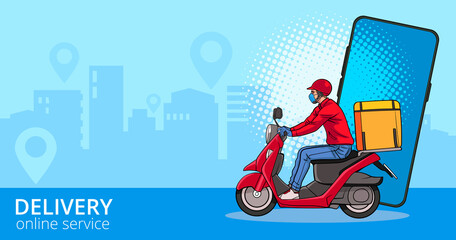 delivery service by scooter with courier © comicstocks